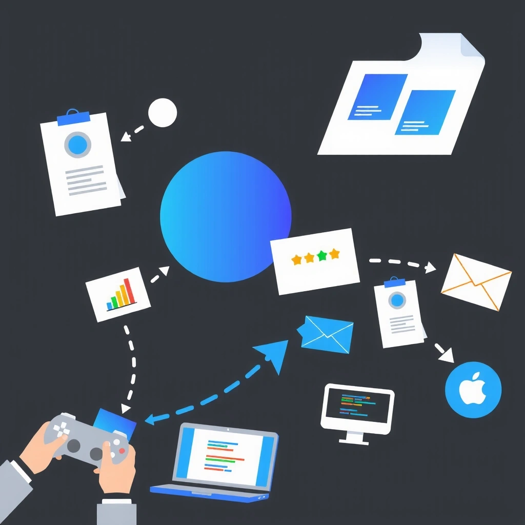 Game development workflow illustration showing design, programming, and testing phases
